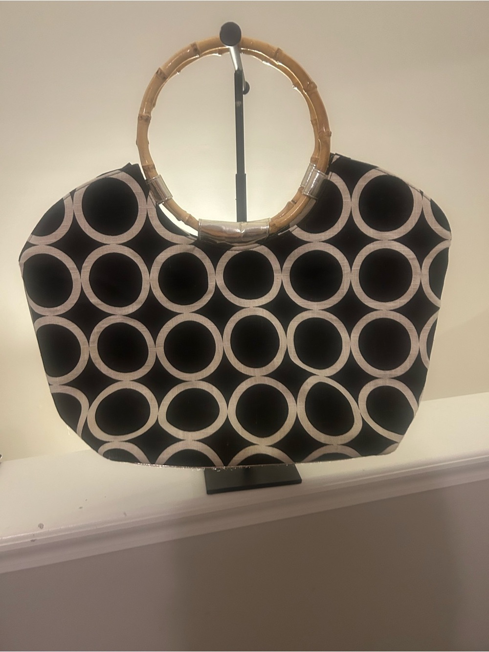Mud Pie Black Tote with White Circle Print and Bamboo Handles